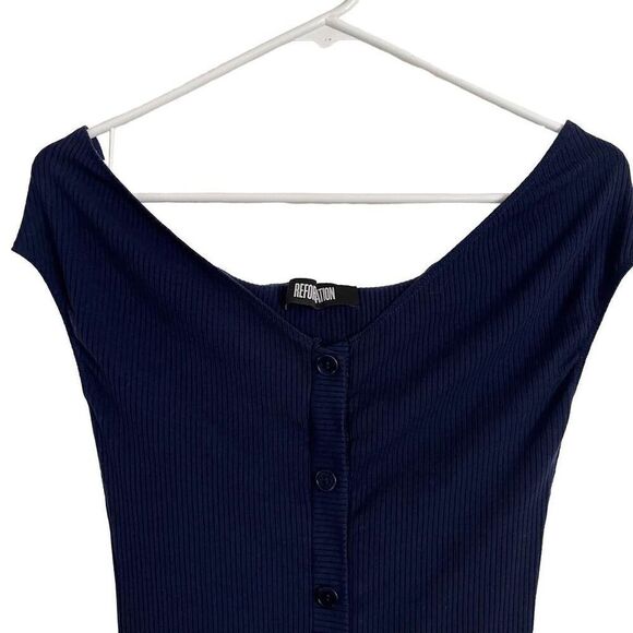 Reformation Women’s Navy Blue Malbec Off Shoulder Button Down Mini Dress Size XS - Picture 5 of 8